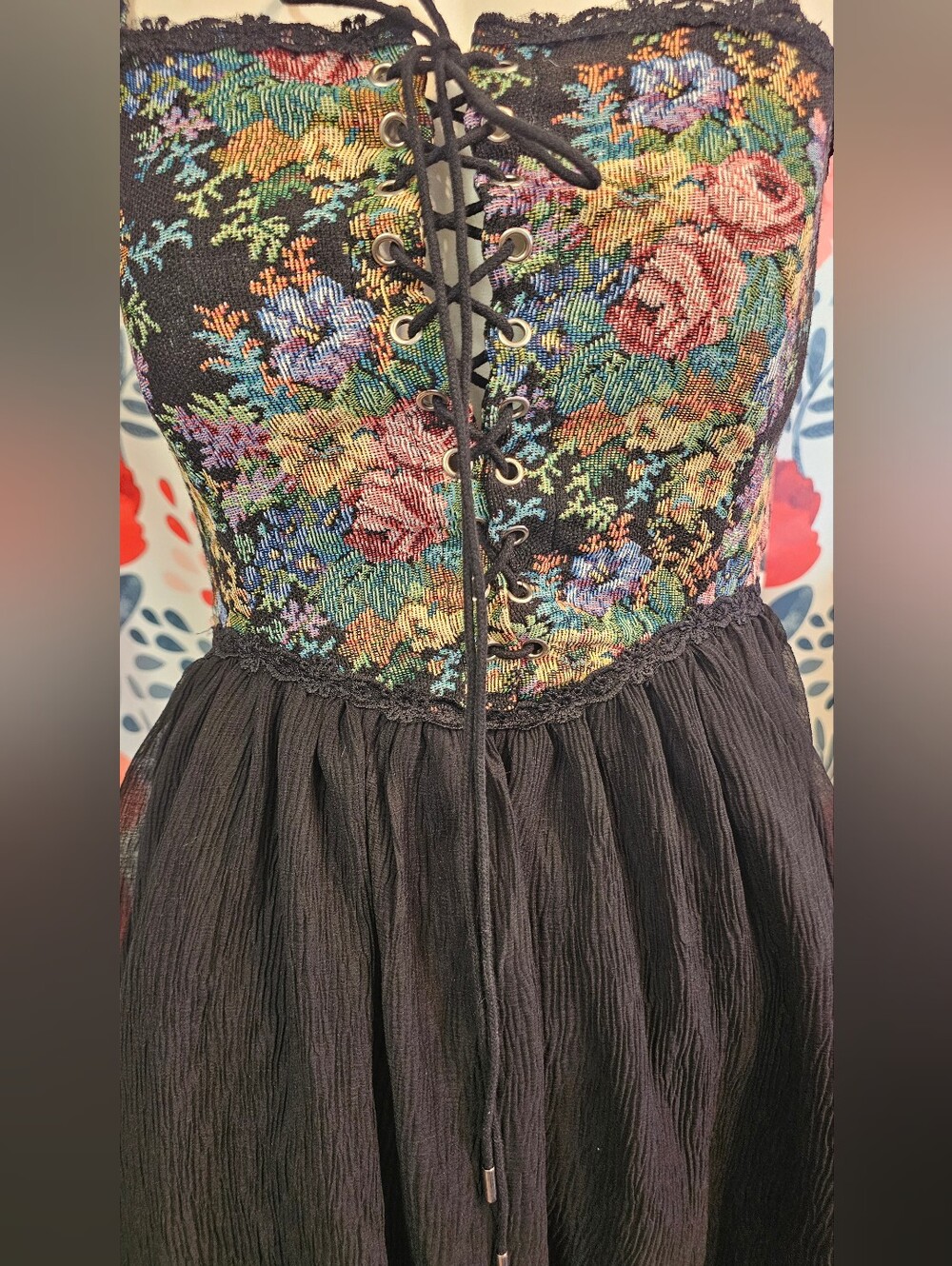 Floral Embroidered Lace-Up Black Dress